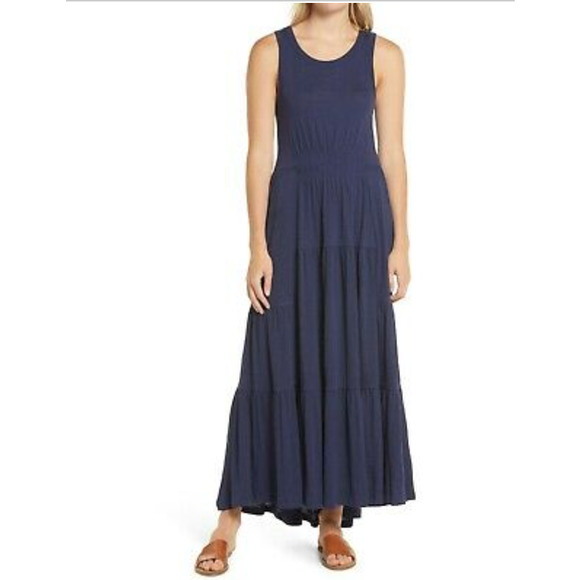 Caslon Dresses & Skirts - Caslon Tiered Smocked Waist Maxi Dress Slub Jersey Knit Cotton Modal Navy Small